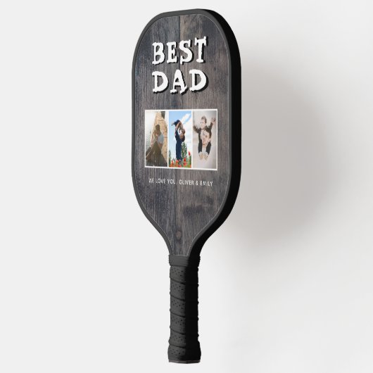 Best Dad Rustic Dark Wood 3 Photo Collage Pickleball Paddle (Links)