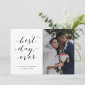 Best Day Ever Calligraphy Weddenschap 3 Foto Bedankkaart (Staand voorkant)