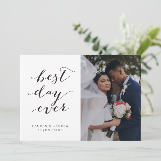 Best Day Ever Calligraphy Weddenschap 3 Foto Bedankkaart (Staand voorkant)