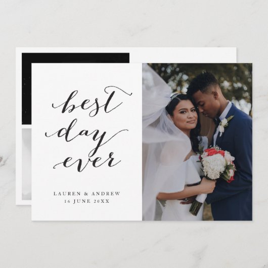 Best Day Ever Calligraphy Weddenschap 3 Foto Bedankkaart (Voorkant / Achterkant)