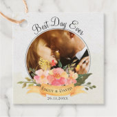 Best Day Ever Cute Peach Floral Photo Weddenschap Bedankjes Labels (Voorkant)