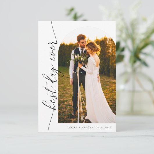 Best Day Ever Elegant Script Weduwfoto Bedankkaart (Staand voorkant)