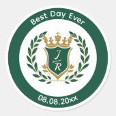 Best Day Ever Wedding Monogram Green Gold Crest Ronde Sticker (Voorkant)