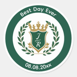 Best Day Ever Wedding Monogram Green Gold Crest Ronde Sticker