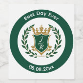 Best Day Ever Wedding Monogram Green Gold Crest Wijn Etiket (Enkel label)