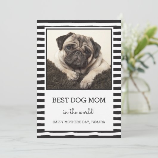 Best Dog Mam Striped | Zwart | Foto-Moederdag Kaart (Staand voorkant)