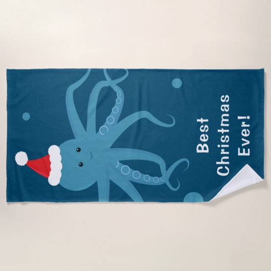 Best Ever Octopus Santa Blue Kerstmis Strandlaken (Voorkant)