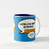 Best Ever Stepfather, Stepdad Fun Comic Book Blue Tweekleurige Koffiemok (Voorkant rechts)