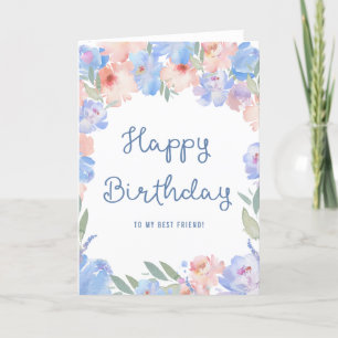 Best Friend Blue Pink Floral Waterverf Birthday Kaart