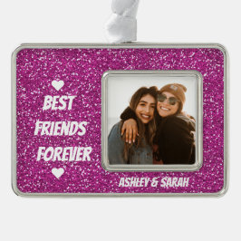 Best Friends Custom Foto and Name Pink Glitter Verzilverd Omlijst Ornament