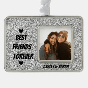Best Friends Custom Photo and Name Silver Glitter Verzilverd Omlijst Ornament