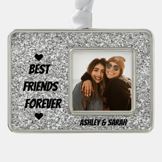 Best Friends Custom Photo and Name Silver Glitter Verzilverd Omlijst Ornament (Voorkant)