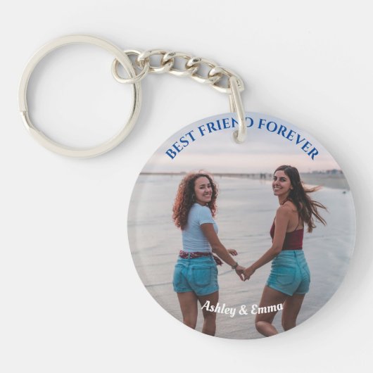 Best Friends Forever Custom Foto and Name Blue Sleutelhanger (Voorkant)