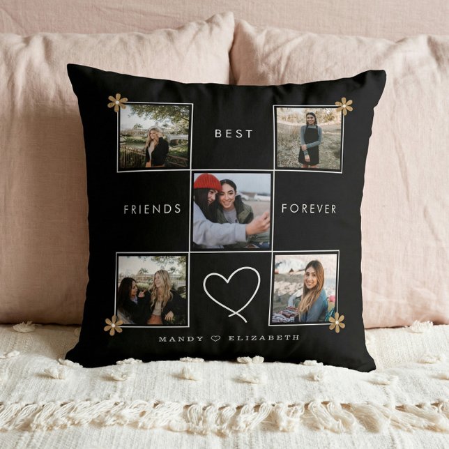 Best Friends Forever Vijf Foto Collage Black Kussen (Best Friends Forever Photo Collage BFF Keepsake Throw Pillow)