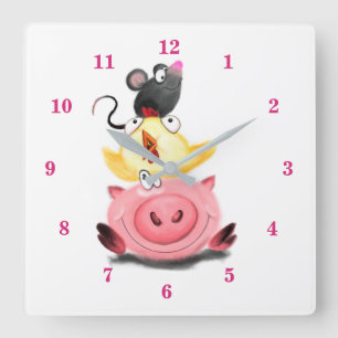 Best Friends Piggy Chick en Mouse - Cartoon Vierkante Klok