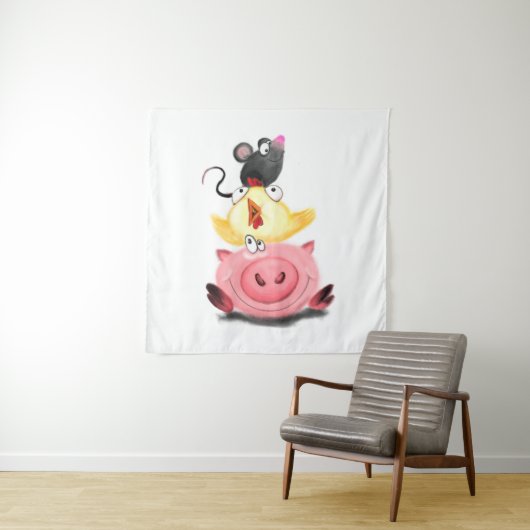 Best Friends Piggy Chick en Mouse - Cartoon Wandkleed (In situ)