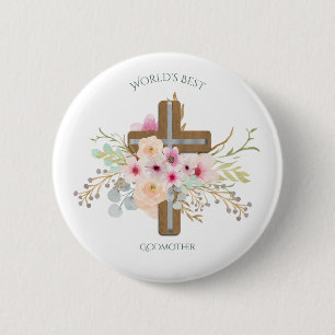 Best GODMOTHER Gift - Floral Cross Ronde Button 5,7 Cm