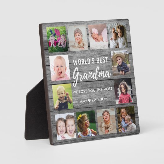 Best Grandma 12 Foto Grandchildren Gray Wood Fotoplaat (Voorkant)