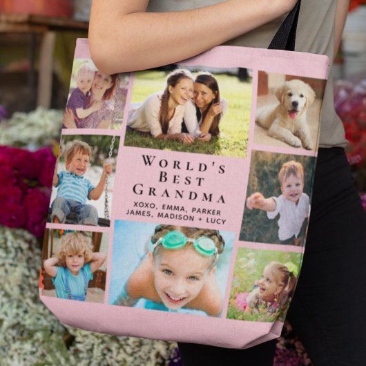 Best Grandma 8 Photo Collage Pink Tote Bag