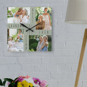 Best Grandma Ever 4 Photo Collage Green Vierkante Klok