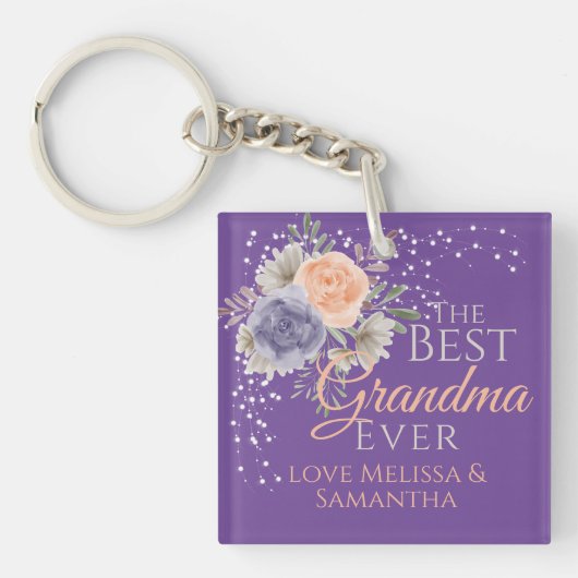 Best Grandma Ever Floral Paars Peony Roos Sleutelhanger (Voorkant)