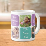 Best Grandma Ever Persoonlijke foto's Paars Blauwg Koffiemok<br><div class="desc">Met dit aangepaste paarse en blauwgroen ontwerp vieren we de beste oma ooit. Je kunt vijf familiefoto's toevoegen, de uitdrukkingen "Beste oma Ever" en "Ik hou van je" of "We houden van je" personaliseren, en of ze Granny, Nana, Abuela, enz. wordt genoemd, en haar naam. U kunt ook de namen...</div>
