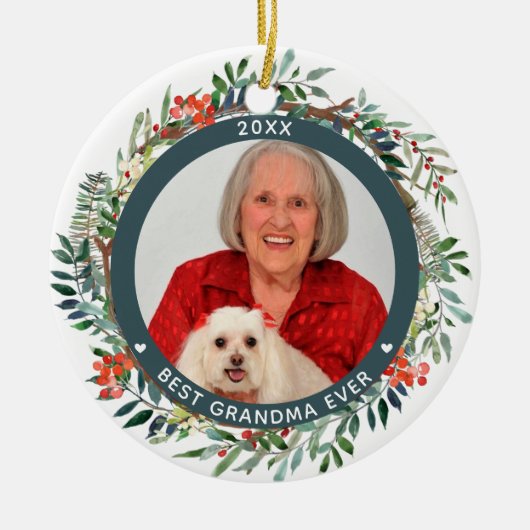 Best Grandma Ever Photo Elegant kerstFloral Keramisch Ornament (Voorkant)