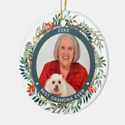 Best Grandma Ever Photo Elegant kerstFloral Keramisch Ornament (Links)