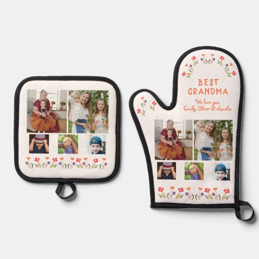 Best Grandma Flowers 5 Photo Collage Keepslag Ovenwant & Pannenlap Set (Voorkant)