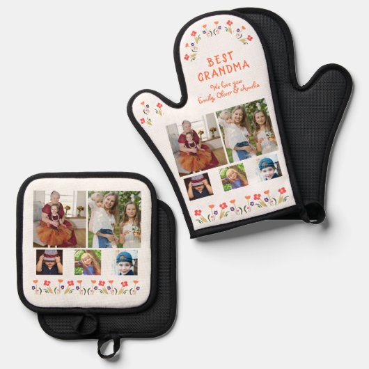 Best Grandma Flowers 5 Photo Collage Keepslag Ovenwant & Pannenlap Set (Voorkant / Achterkant)
