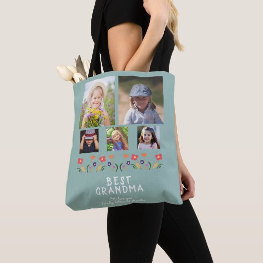 Best Grandma Flowers 5 Photo Collage Keepslag Tote Bag (Dichtbij)