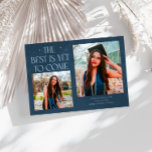 Best Is Yet To Come Navy Blue Grad Photo Aankondiging<br><div class="desc">Modern and whimsical graduation announcement photo card featuring2 photos on the front and 1 on the back. The text says "The Best Is Yet To Come" with twinkling stars. Add the graduate's name,  information,  and message to personalize this card. Navy blue color.</div>