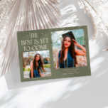 Best Is Yet To Come Sage Green Grad Photo Aankondiging<br><div class="desc">Modern and whimsical graduation announcement photo card featuring2 photos on the front and 1 on the back. The text says "The Best Is Yet To Come" with twinkling stars. Add the graduate's name,  information,  and message to personalize this card. Sage green color.</div>