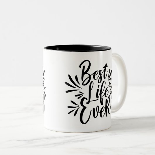 Best Life Ever Splash Calligraphy Black and White Tweekleurige Koffiemok (Voorkant rechts)