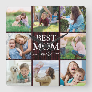 Best mam Ever Family Photo Collage Rustic Vierkante Klok