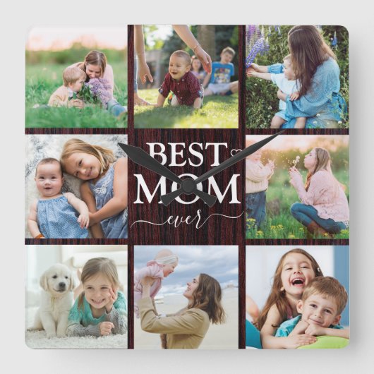 Best mam Ever Family Photo Collage Rustic Vierkante Klok (Voorkant)