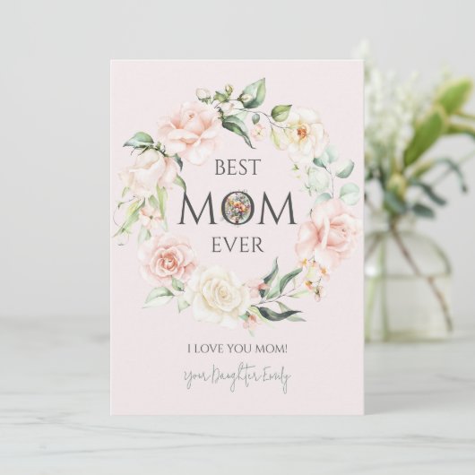 Best mam Ever-roze en White Roses Wreate Feestdagenkaart (Staand voorkant)