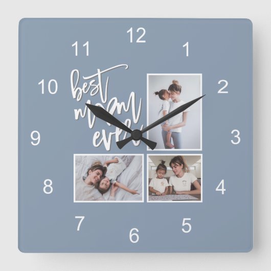 Best mam ooit 3 Foto's Script Dusty Blue Vierkante Klok (Voorkant)