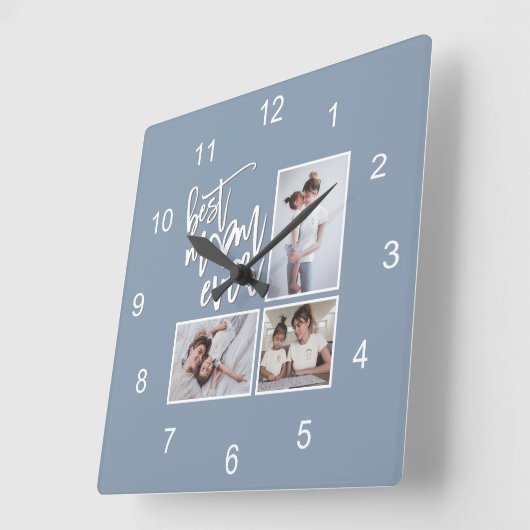 Best mam ooit 3 Foto's Script Dusty Blue Vierkante Klok (Hoek)