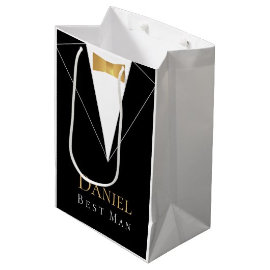 Best Man Black Suit Elegant Faux Gold Foil Bow Str Medium Cadeauzakje (Voorkant Gekanteld)