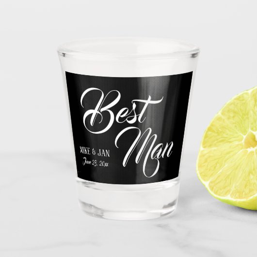 Best Man White Script op zwart Shot Glas (Voorkant)