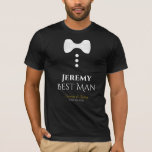 Best Man White Stropdas pret Wedding t shirt<br><div class="desc">Dit leuke T-shirt is ontworpen als cadeau of gunst voor je beste man. Het t-shirt is zwart en heeft een afbeelding van een wit stropdas en witte knopen. In de tekst staat "Beste man" en staat een plek om zijn naam in te voeren, evenals de naam van het bruiloft en...</div>