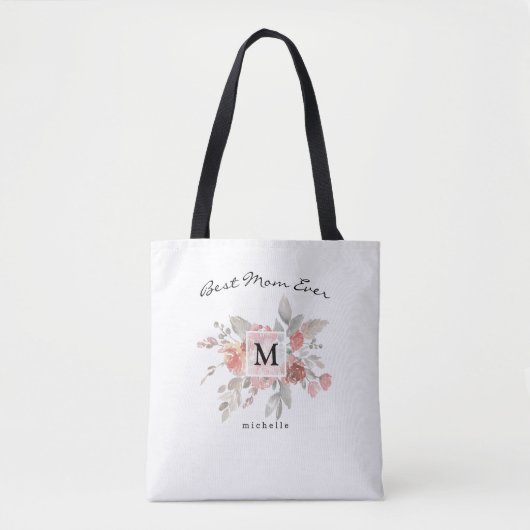 Best Mom Elegant Blush Roze Bloemen Monogram Tote Bag (Voorkant)