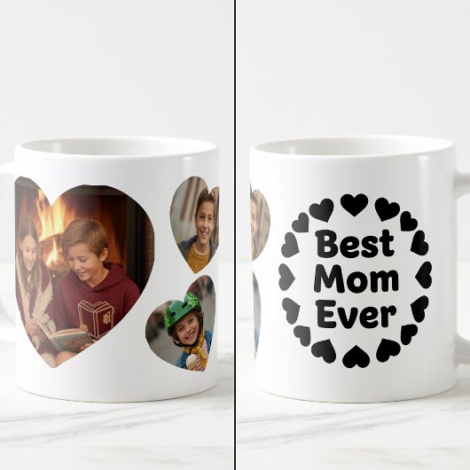 Best Mom Ever 3 Heart Photo Keepsake Black White Koffiemok