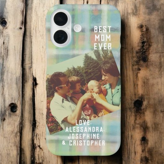 Best Mom Ever aangepaste foto plaid pastel groene Case-Mate iPhone Case