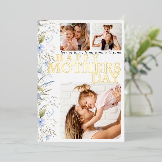 Best Mom Ever Blue Wild Floral Photo Mothers Day  Folie Uitnodiging (Staand Voorkant)