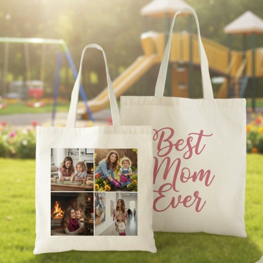 Best Mom Ever Custom 4 Photo Collage Pink Tote Bag