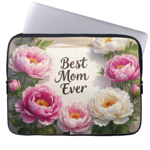 Best Mom Ever"Met de hand geschilderde pioenen en Laptop Sleeve