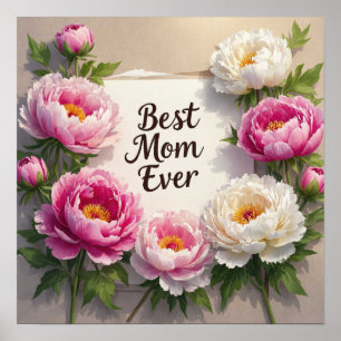 Best Mom Ever"Met de hand geschilderde pioenen en  Poster
