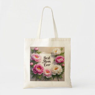 Best Mom Ever"Met de hand geschilderde pioenen en  Tote Bag